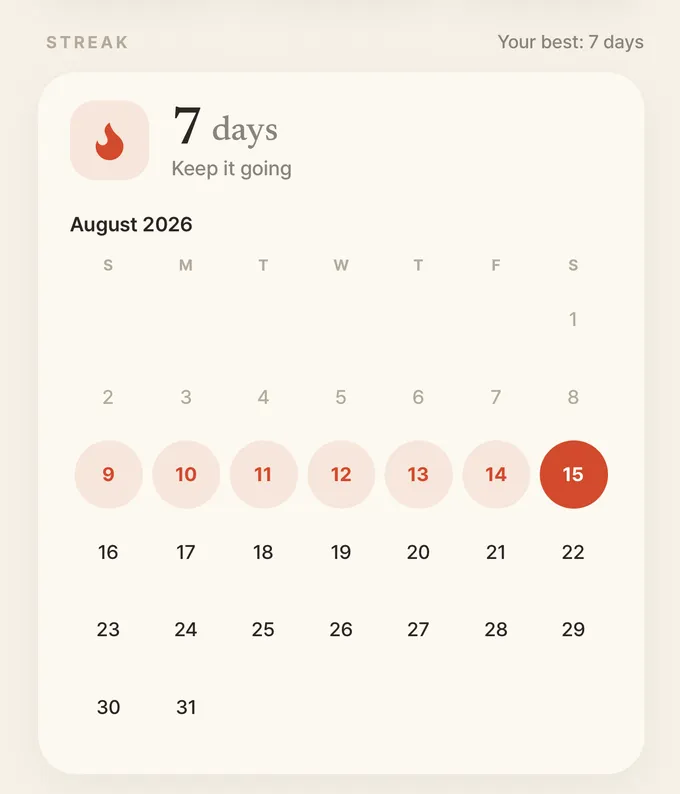 Streak calendar — 7 days and counting